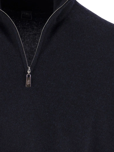Fedeli Favonio - Zip Turtleneck Sweater In Cashmere In Blue