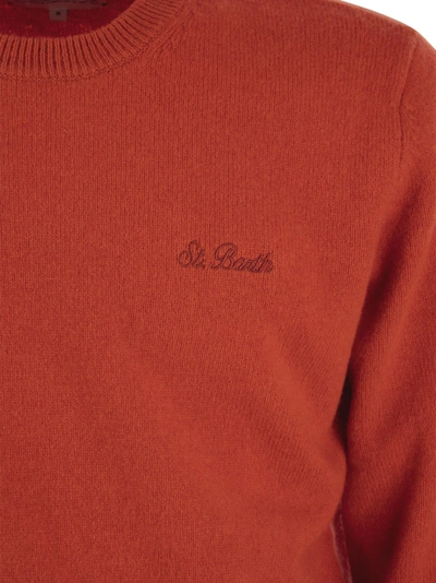 Mc2 Saint Barth Man Crewneck Orange Sweater With St. Barth Embroidery