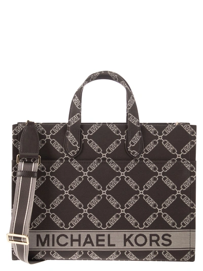 Shop Michael Kors Gigi Empire Jacquard Logo Tote Bag