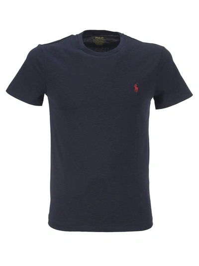 Polo Ralph Lauren Blue Crewneck T-shirt With Pony Embroidery On The Front
