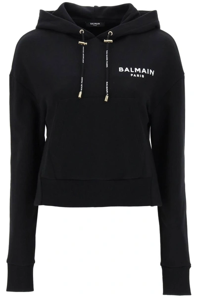 Shop Balmain Cropped Sweatshirt With Flocked Logo Print Women In Black