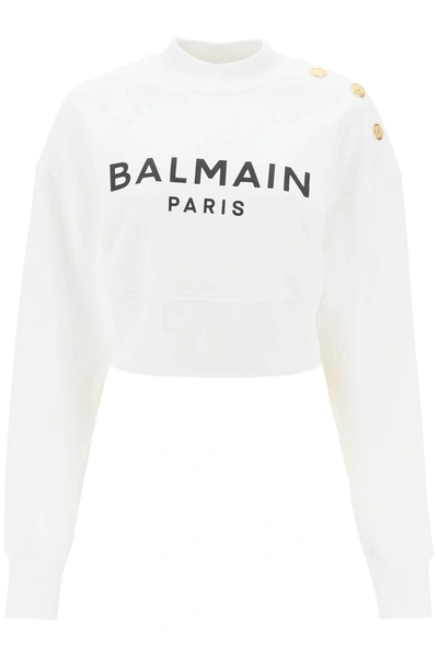 Shop Balmain Cropped Sweatshirt With Logo Print And Buttons Women In White