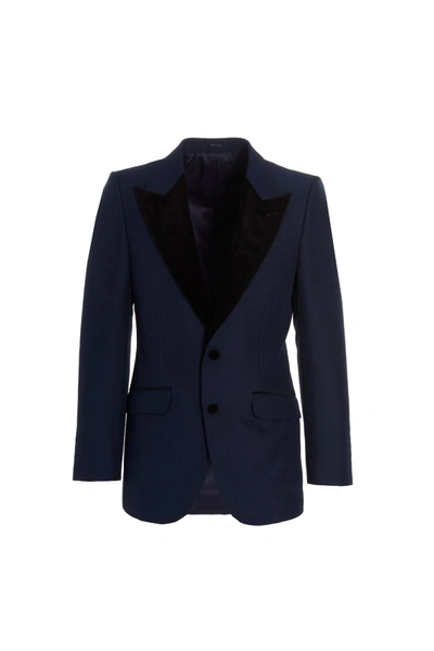 Shop Gucci Men Velvet Lapels Blazer Jacket In Blue