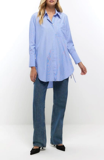 Shop River Island Pinstripe Oversize Side Tie Button-up Shirt In Blue