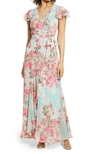 Shop Eliza J Floral Flutter Sleeve Dress In Mint Multi
