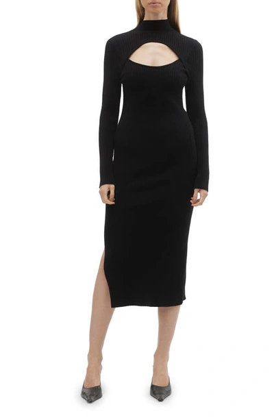 Shop Vero Moda Yasmin Cutout Mock Neck Long Sleeve Midi Sweater Dress In Black