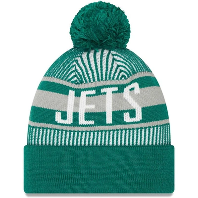 Shop New Era Green New York Jets Striped Cuffed Knit Hat With Pom