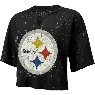 Shop Majestic Threads Black Pittsburgh Steelers Bleach Splatter Notch Neck Crop T-shirt