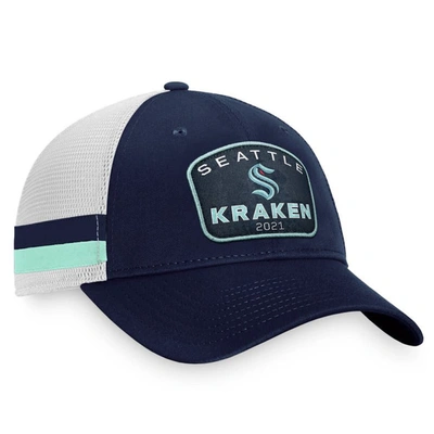 Shop Fanatics Branded Deep Sea Blue/white Seattle Kraken Fundamental Striped Trucker Adjustable Hat In Navy