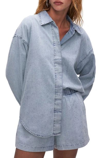 Good American Weekend Rhinestone Oversize Nonstretch Denim Button-up Shirt In Indigo499