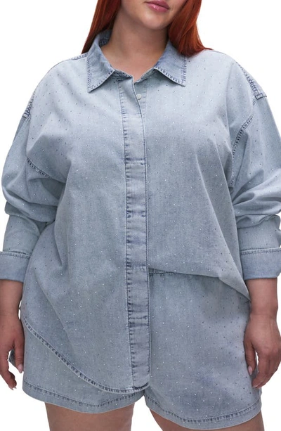 Good American Weekend Rhinestone Oversize Nonstretch Denim Button-up Shirt In Indigo499
