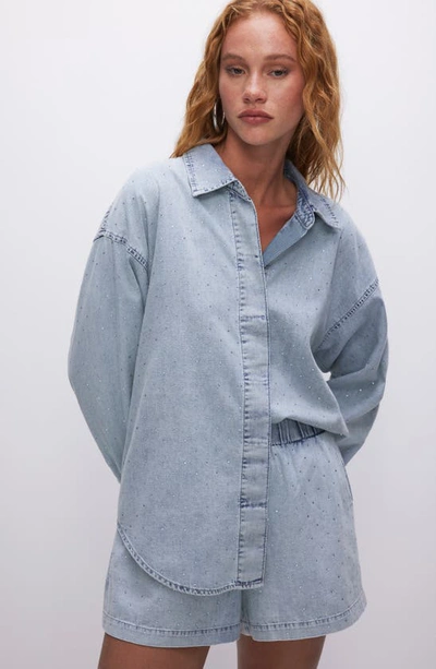 Good American Weekend Rhinestone Oversize Nonstretch Denim Button-up Shirt In Indigo499