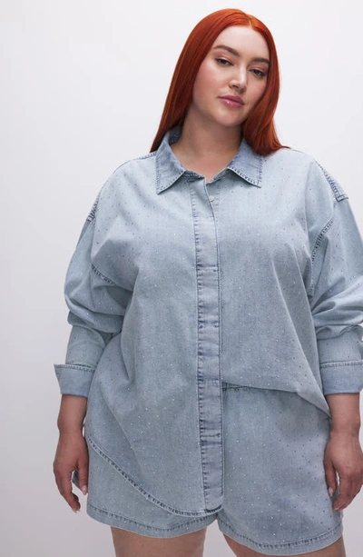 Good American Weekend Rhinestone Oversize Nonstretch Denim Button-up Shirt In Indigo499