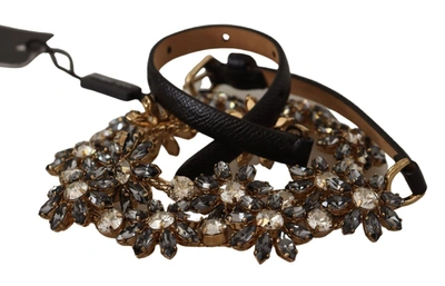 Shop Dolce & Gabbana Elegant Crystal Daisy Chain Leather Women's Belt In Black