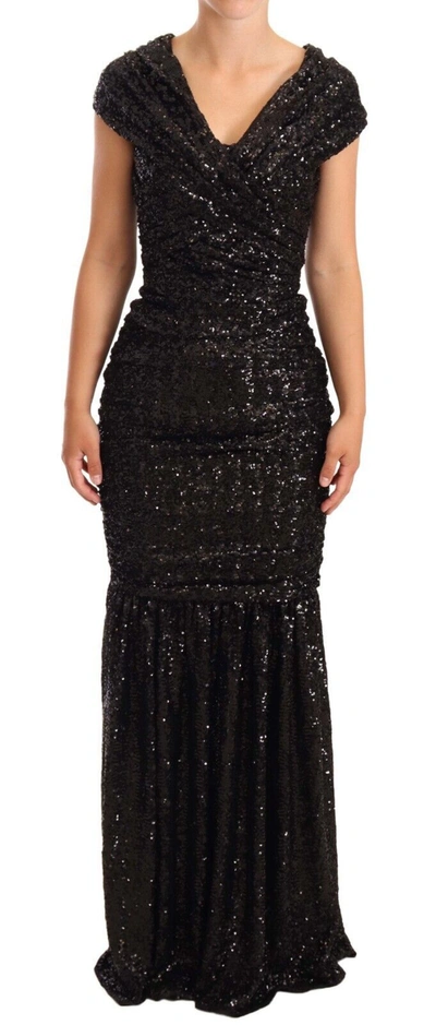 Dolce & Gabbana Black Sequined Open Shoulder Long Gown Dress In Black