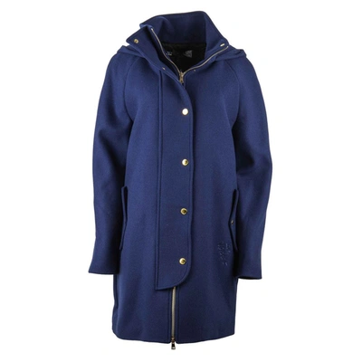 Shop Love Moschino Elegant Blue Wool-blend Coat With Golden Women's Accents
