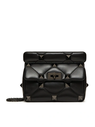 Shop Valentino Medium Bag With Chain Roman Stud The Shoulder Bag In Nappa With Tone-on-tone Studs In Black