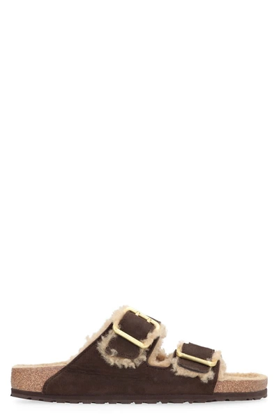 Birkenstock Arizona Suede Shearling Slides In Brown