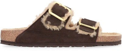 Birkenstock Arizona Suede Shearling Slides In Brown