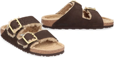 Birkenstock Arizona Suede Shearling Slides In Brown