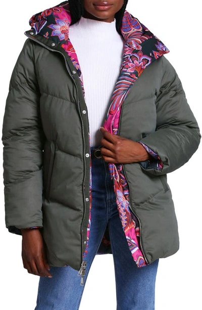 Shop Avec Les Filles Reversible Thermal Puff™ Hooded Puffer Jacket In Paisley Scarf/ Olive