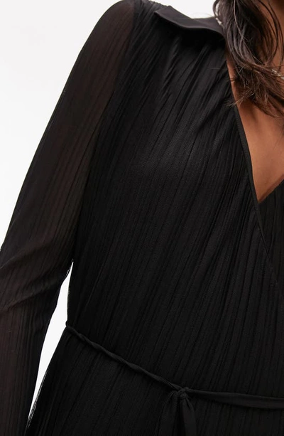 Shop Topshop Long Sleeve Plissé Midi Wrap Dress In Black