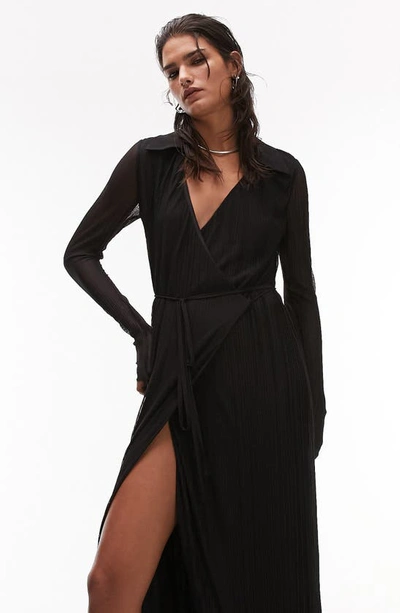 Shop Topshop Long Sleeve Plissé Midi Wrap Dress In Black