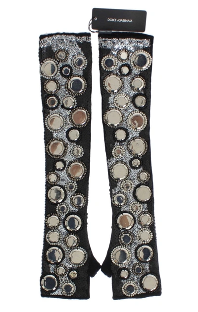 Shop Dolce & Gabbana Sequin-embellished Cashmere Fingerless Women's Gloves In Black
