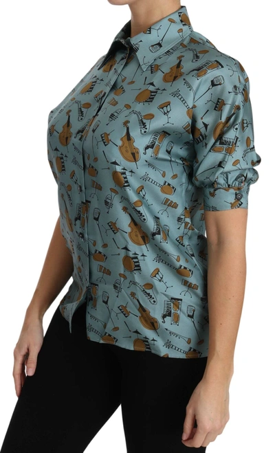 Shop Dolce & Gabbana Multicolor Musical Instruments Silk Short Sleeve Women's Shirt