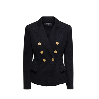 Shop Balmain Double Breasted Denim Blazer