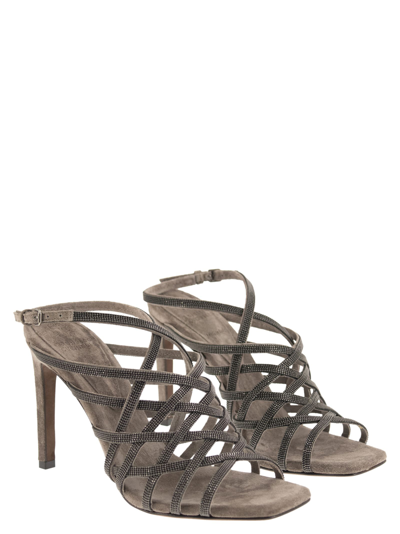 Shop Brunello Cucinelli Precious Net Suede High Sandals