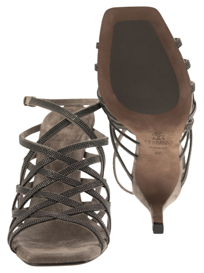 Shop Brunello Cucinelli Precious Net Suede High Sandals