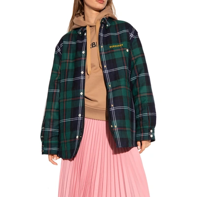 Burberry Embroidered Logo Check Wool Overshirt Dark Viridian Green