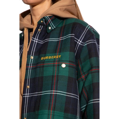 Burberry Embroidered Logo Check Wool Overshirt Dark Viridian Green