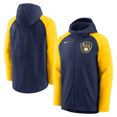 Shop Nike Navy/gold Milwaukee Brewers Authentic Collection Performance Raglan Full-zip Hoodie