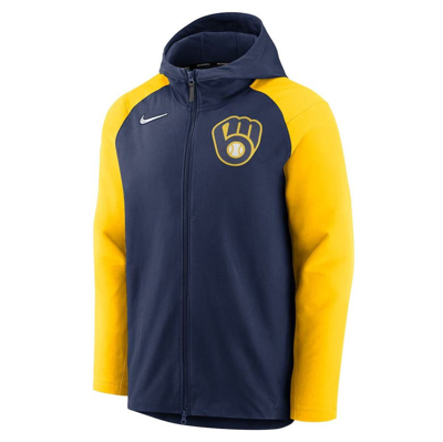 Shop Nike Navy/gold Milwaukee Brewers Authentic Collection Performance Raglan Full-zip Hoodie