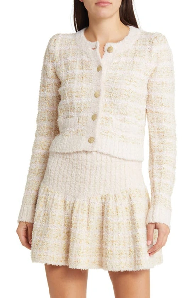 Shop Loveshackfancy Saxson Metallic Crop Tweed Cardigan In Cream Puff Pink