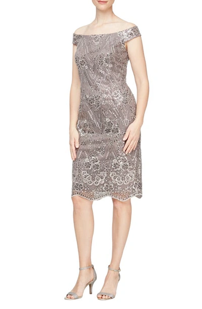 Shop Alex Evenings Sequin Floral Embroidered Off The Shoulder Cocktail Dress In Rich Taupe