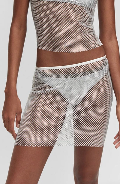 Mango Stress Sequin Knit Mesh Miniskirt In White