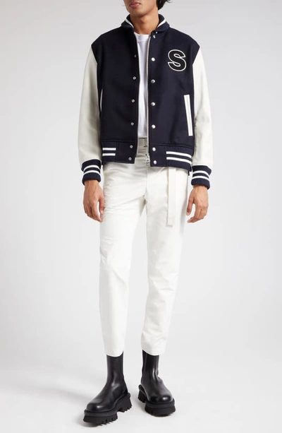 Shop Sacai Interstellar Varsity Jacket In Navy/ Off White