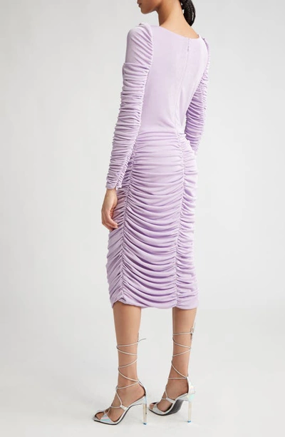 Shop Aliétte Ruched Long Sleeve Cowl Neck Midi Dress In Lilac