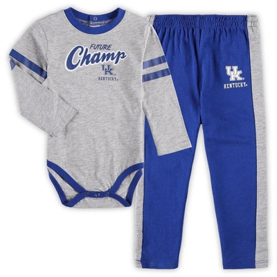 Shop Outerstuff Infant Heathered Gray/royal Kentucky Wildcats Little Kicker Long Sleeve Bodysuit And Sweatpants Set In Heather Gray
