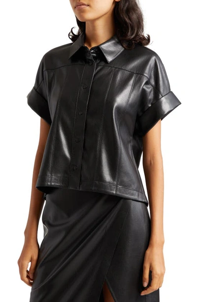 Shop Alice And Olivia Edyth Faux Leather Snap-up Shirt In Black