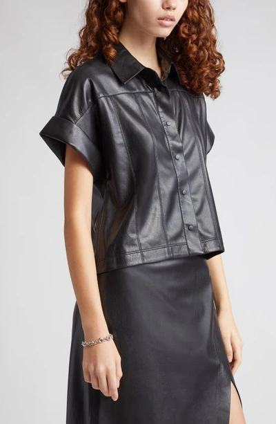 Shop Alice And Olivia Edyth Faux Leather Snap-up Shirt In Black