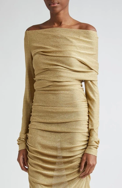 Shop Dolce & Gabbana Metallic Ruched Long Sleeve Midi Dress In Gold