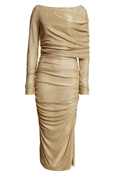 Shop Dolce & Gabbana Metallic Ruched Long Sleeve Midi Dress In Gold