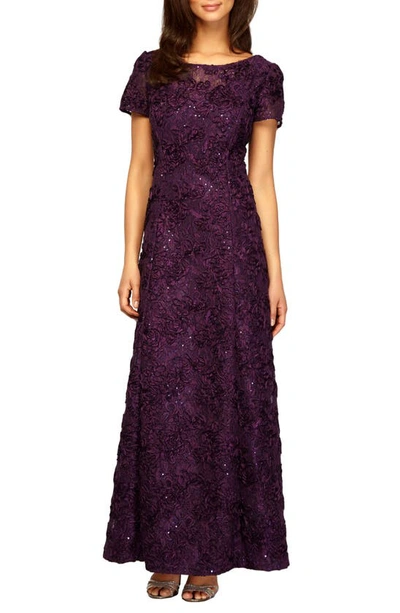 Shop Alex Evenings Embellished Lace A-line Evening Gown In Eggplant