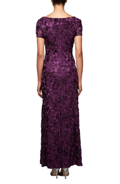 Alex Evenings Petite Rosette Lace A-line Gown In Eggplant