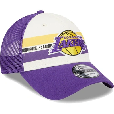 Shop New Era Los Angeles Lakers Purple Stripes 9forty Trucker Snapback Hat