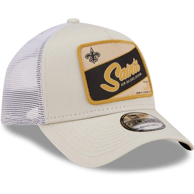 Shop New Era Khaki/white New Orleans Saints Happy Camper A-frame Trucker 9forty Snapback Hat